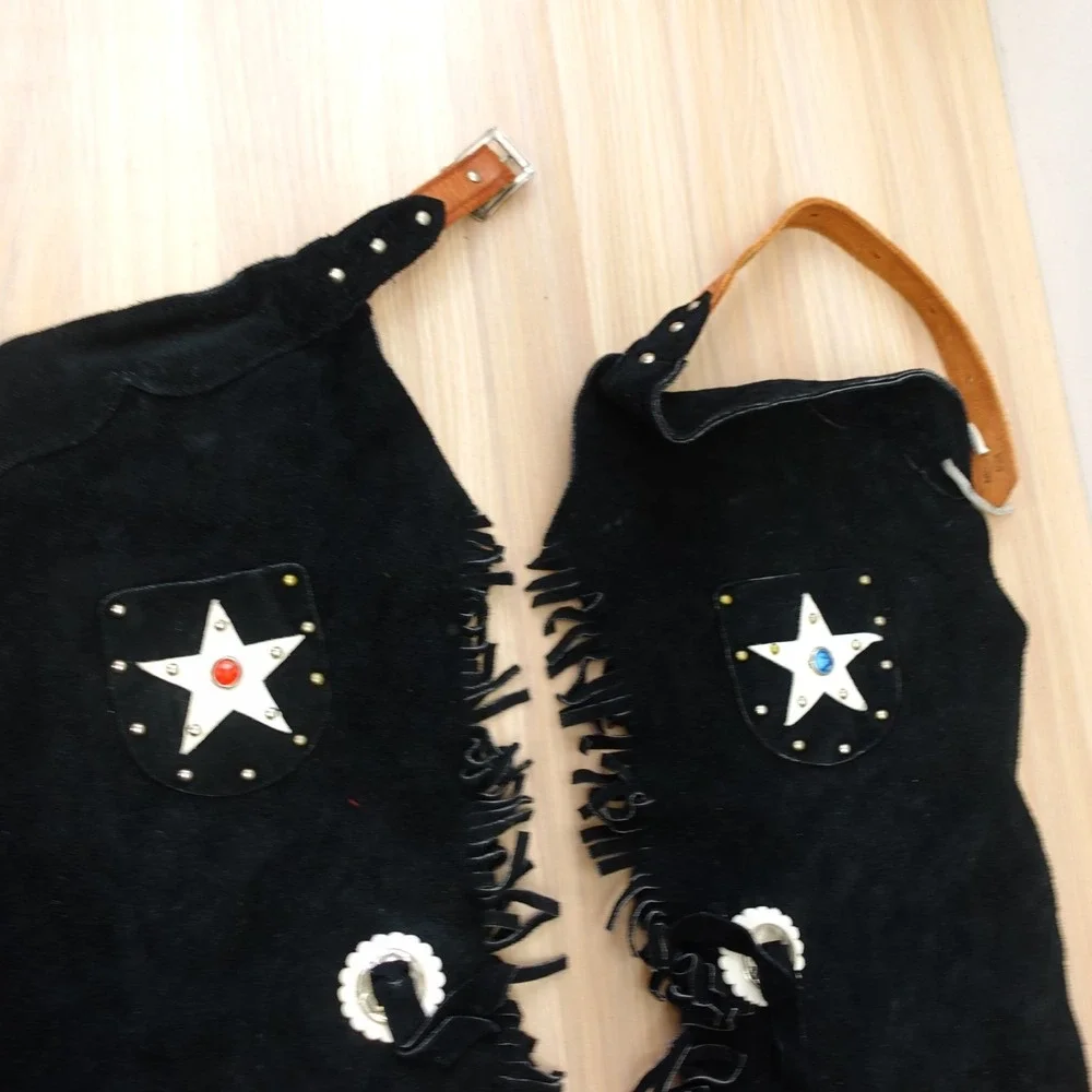 Vintage Cowboy‎ Vest Chaps Set Boys M Black Suede Studded Fringe Halloween USA
